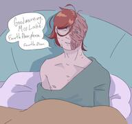 artist:ocellaroid character:arcade emaciated facial_scar on_bed partially_clothed series:marvel_comics sweat text year:2023 // 445x417 // 72KB